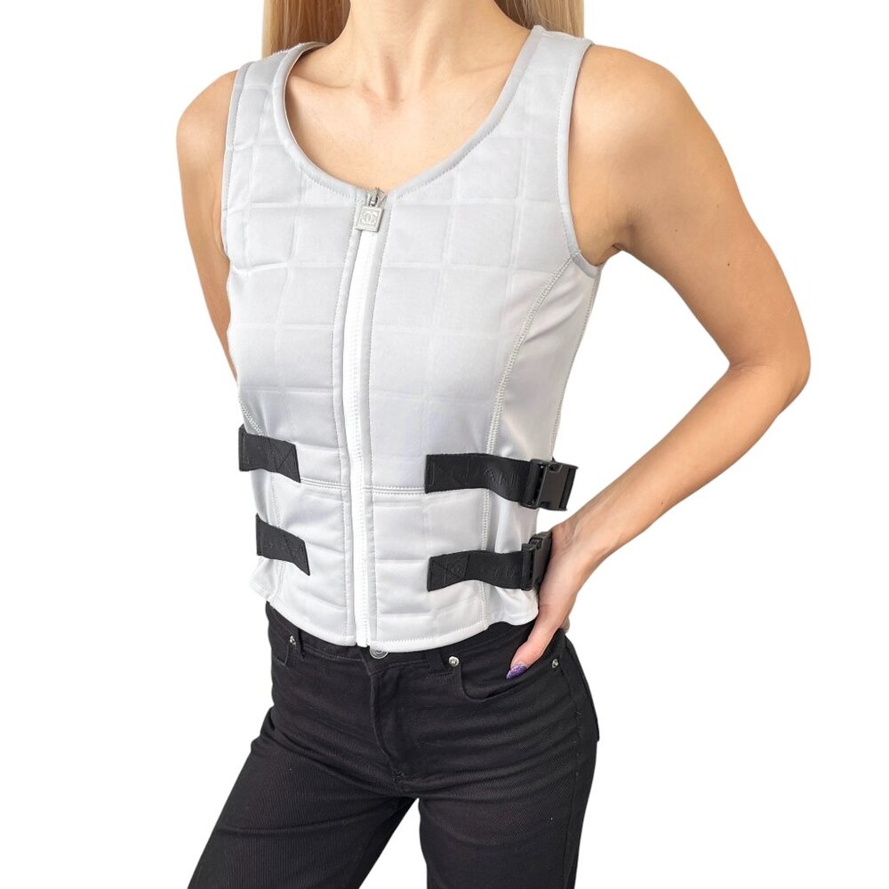 CHANEL Vintage 2004 CC Mark Logo Jacket Vest #38 Gray Black Polyester [104147]